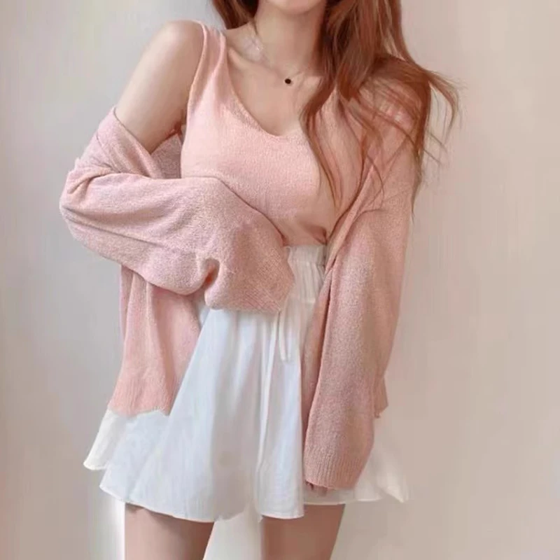 

Chic Summer Vintage Versatile V-ne Svel Knitted Vest Loose Long Sve Sun Protection Open Cardigan Outerwear Set