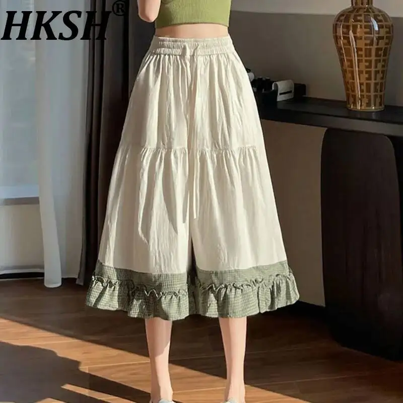 HKSH Women Bottoms Trend Patchwork Plaid Chic Drawstring Elastic Waist Loose Casual Wide Leg Cropped Pants Spring Summer HK25795