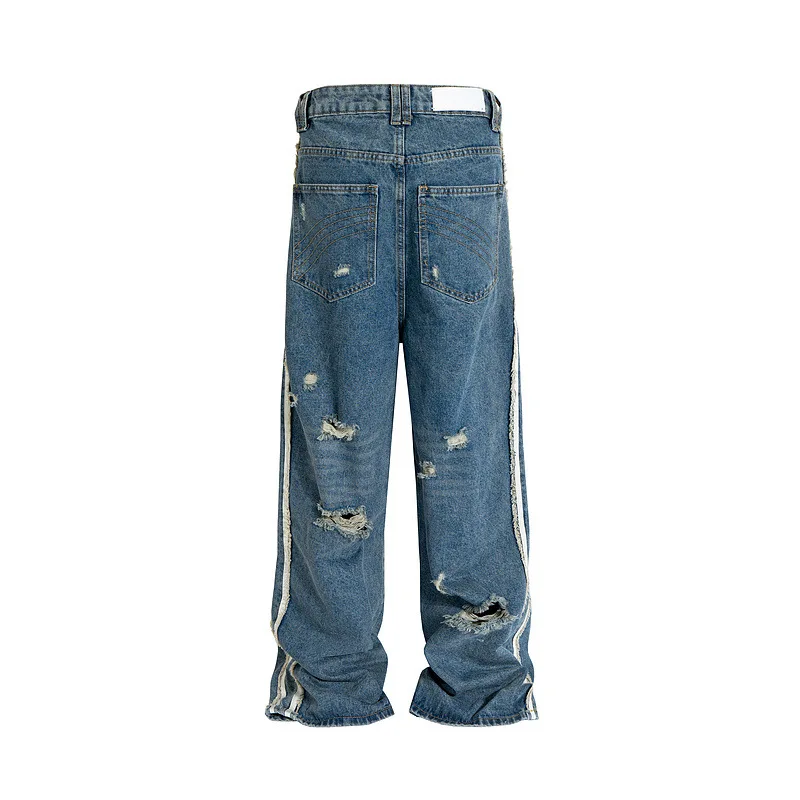 Men's High Street Destroyed Jeans Pants Fashion Streetwear Ripped Denim Trousers Oversized Loose Fit Washed Distressed Bottoms