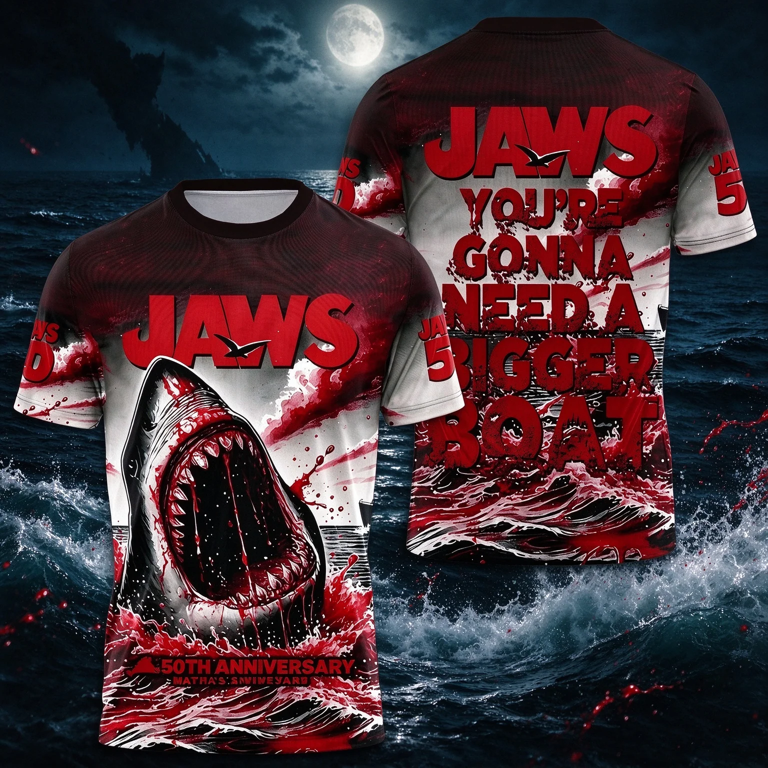 2026 New Jaws 50th Anniversary Commemorative 3D Printed Round Neck Short Sleeved Breathable 3D Printed T-shirt Family Outfit