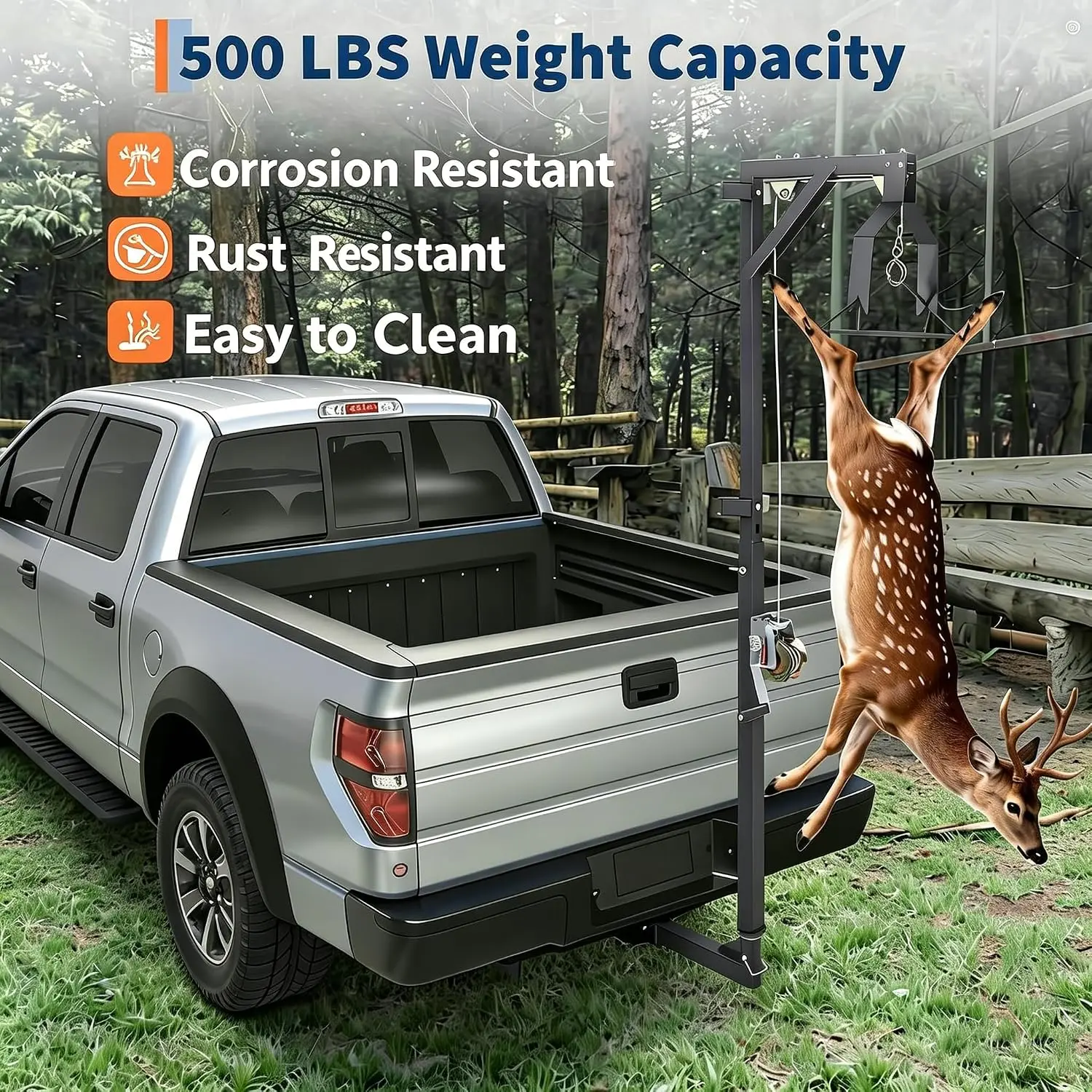 500Lbs Truck Hitch Game Hoist with & Adjustable Height Hunting Deer Hoist Winch 360-Degree for Skinning & Cleaning Game Easy Installation