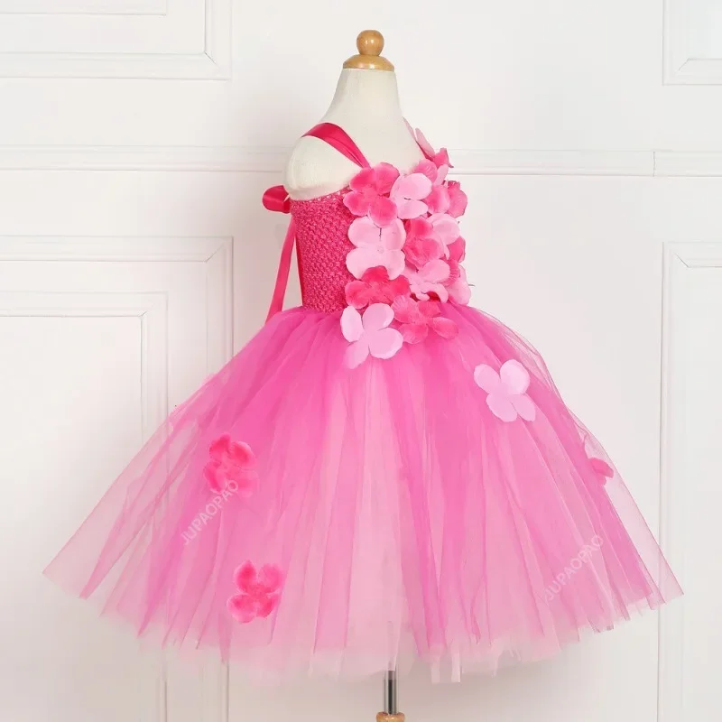 New Quality Pink Princess Flowers Petal Girl Wedding Dress Girls Tulle Fuffy Party Formal Dress Princess Tutu Dress Vestidos