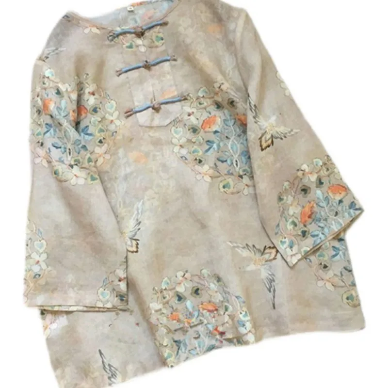 Women's Retro Floral Print Button Ramie Top Loose Chinese Cotton Linen Short Sleeve Shirt