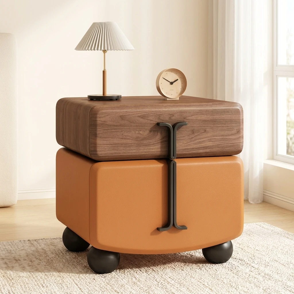 & Rotatable 2 Layer Solid Wood Nightstand Contemporary Cream Minimalist Bedside Cabinet Sleek Modern Storage Bedside Table Luxur