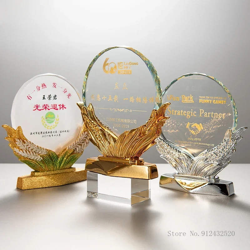 Creative Golden Ear Wheat Crystal Trophy, Outstanding Employee, Annual Meeting Award, Commemorative Home Decor, Resin Medal, 1Pc