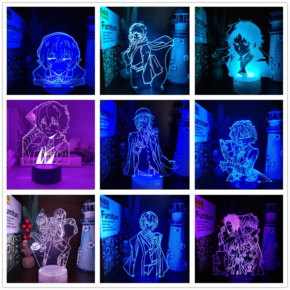 Bungo Stray Dogs Anime 3D LED Nightlights Dazai Osamu Nakahara Chuuya Lamp Colorful Changing Night Lights Table Lamp Decor Home