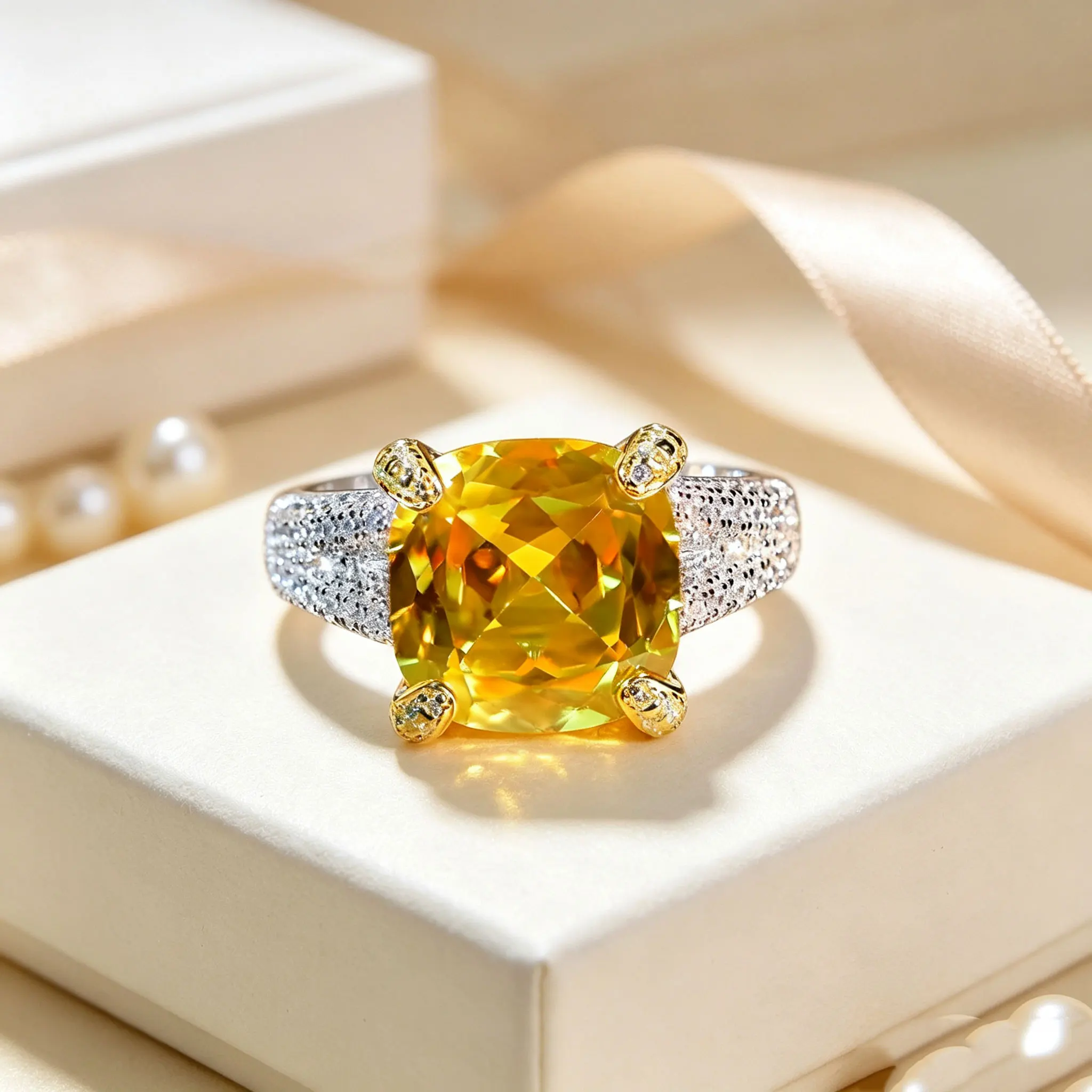 Women 925 Sterling Silver Cushion Cut Yellow 8CT Moissanite Ring, Four Gold Prong Solitaire 12 * 12 Pillow Shape Moissanite Cocktail Ring, Micro Paved Wide Band, Elegant Fine Silver Statement Jewelry for Party Banquet
