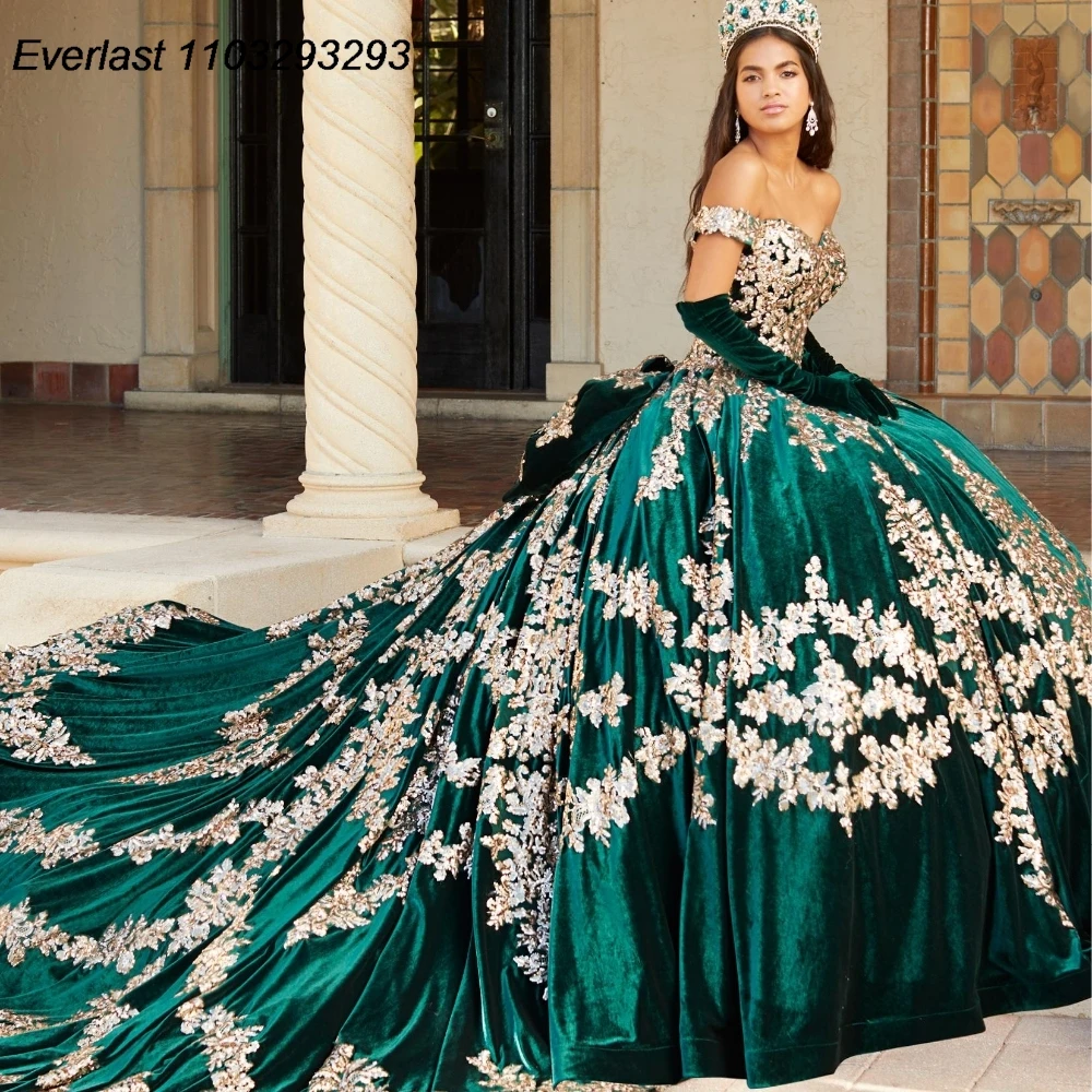 

EVLAST Customized Glitter Green Quinceanera Dress Ball Gown Gold Lace Applique Beading Corset Sweet 16 Vestido De 15 Anos E1Q26