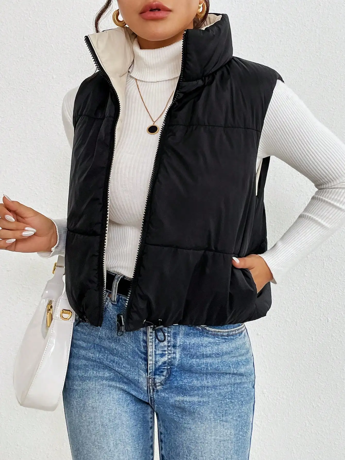 سترة نسائية مبطنة بسحاب أمامي، سترة شتوية دافئة بدون أكمام بلون سادة للارتداء الكاجوال