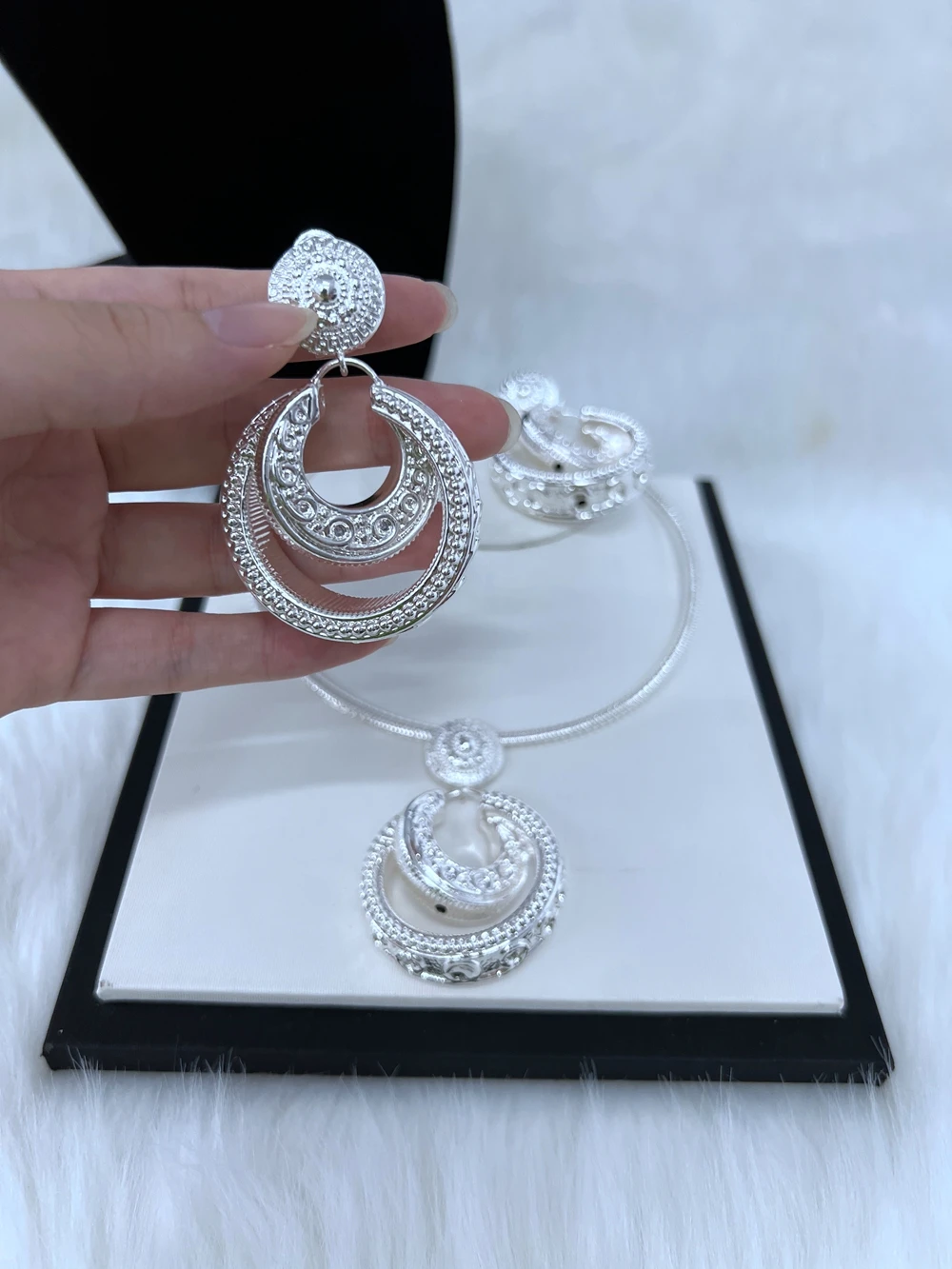 Lady Necklce Earring 2 Pcs Jewelry Set Large Pendant Silver Plated Luxury Nigeria Dubai Gold Plated Jewelry Sets For Women