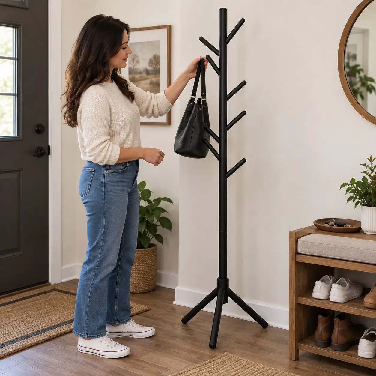 Solid wood freestanding coat rack—features 8 hooks—adjustable height; suitable for entryways to store coats, hats