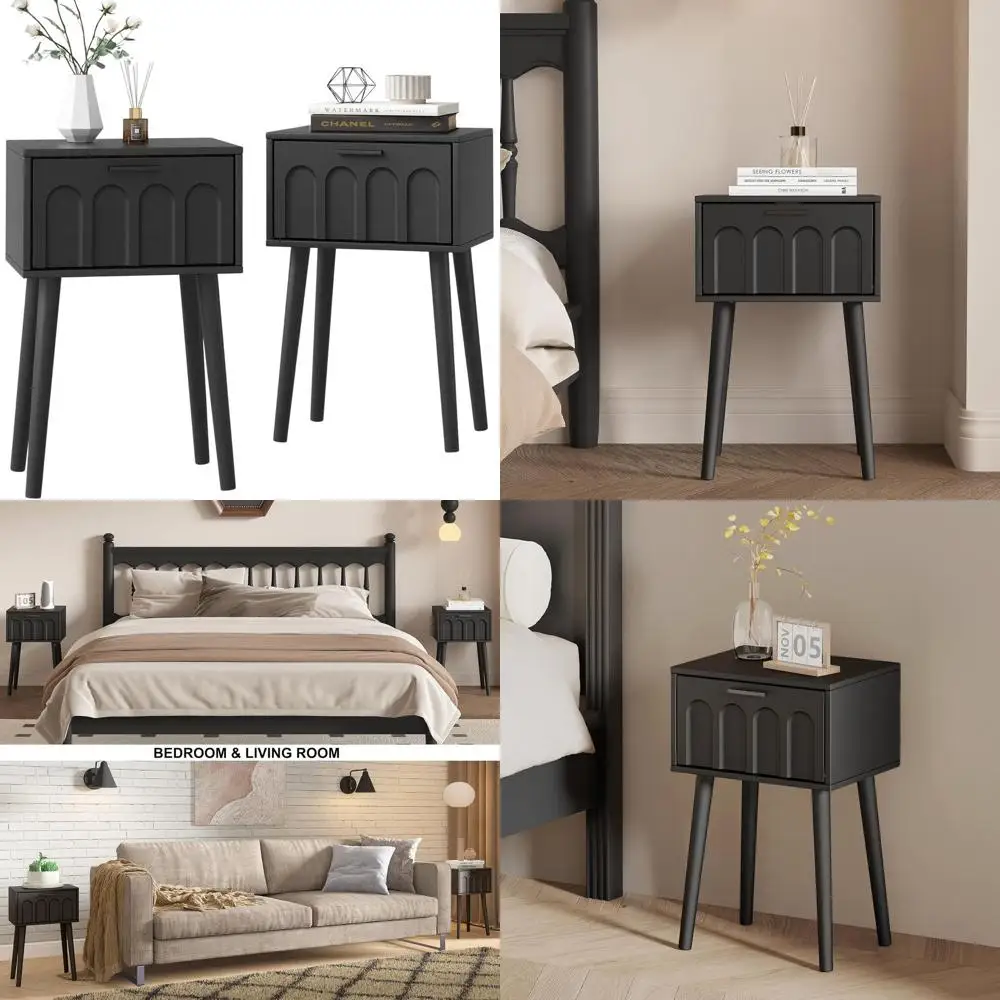 

Pair of Compact Black Bedside Tables with Arched Doors and Wooden Legs for Modern Bedroom Spaces