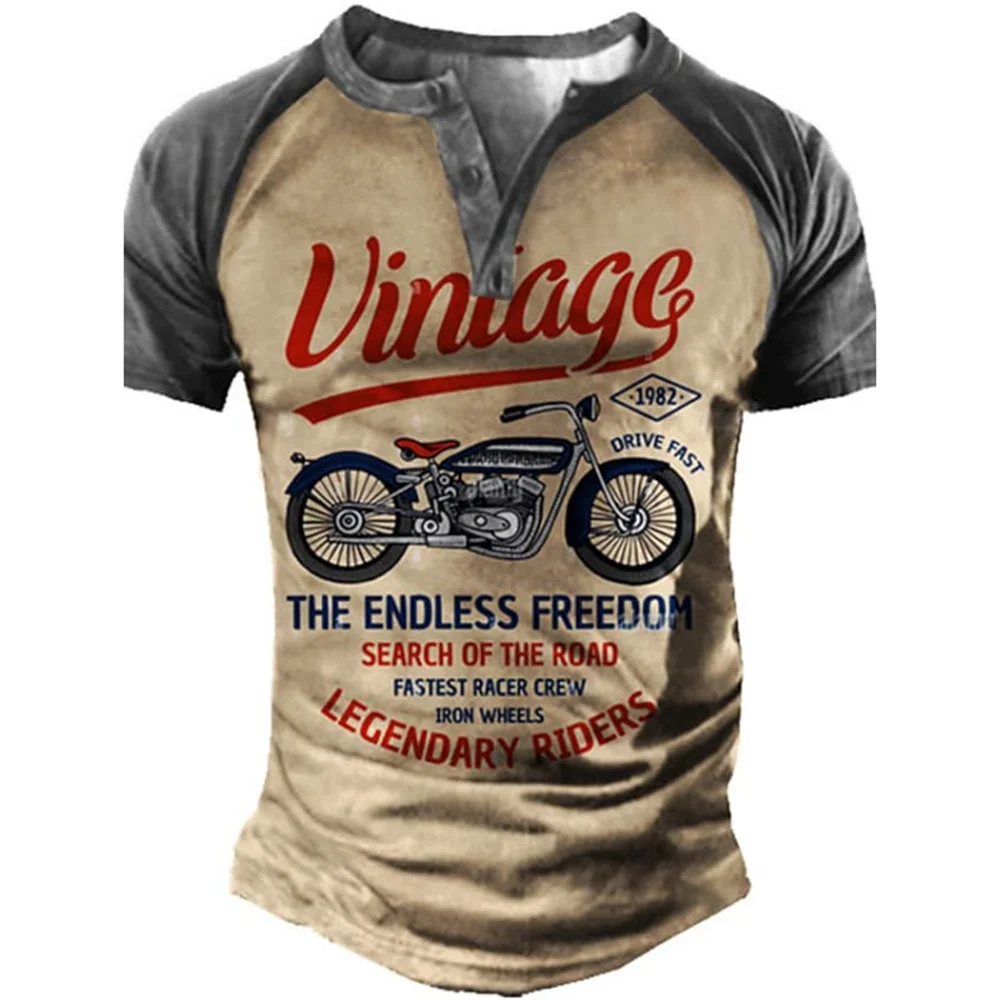 Men\'s Henry retro shirt, 3D motorcycle print, fashionable casual street clothing, short sleeved T-shirt top