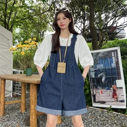 Y2k Fashion Shorts Overalls Shorts For Women's Summer Denim Shorts Korean Style Wide Leg Jeans Blue High Waisted Baggy Crimping