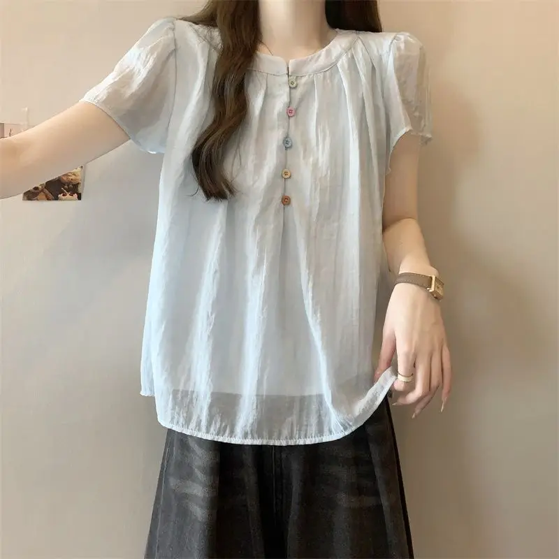 Women Summer Casual Loose Fashion Pleated Solid Color O-neck Short Sleeve Shirts Women Clothes Trend All-match Appear Thin Tops