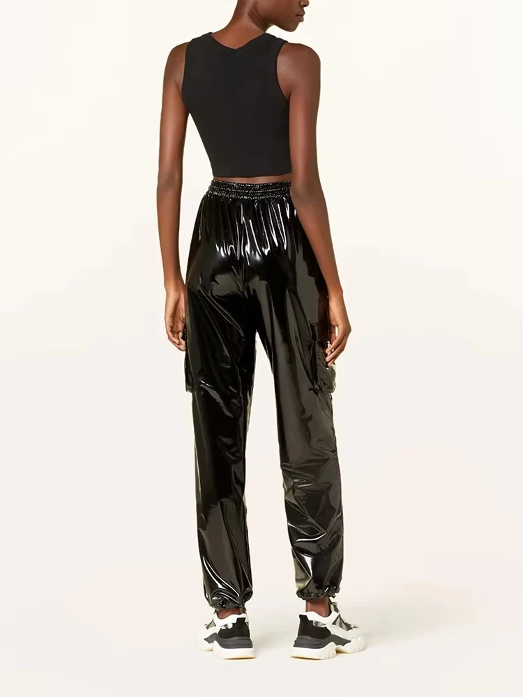 Women Shiny Faux Leather Cargo Casual High Waist Pants Ladies Glossy PU Leather Drawstring Elastic Waistband Bottom Hem