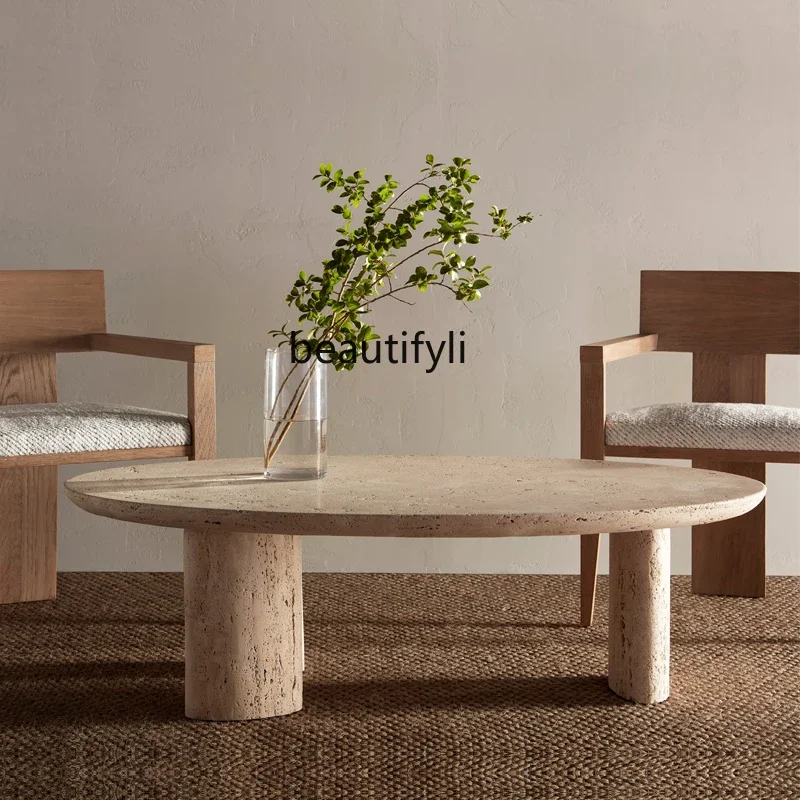 

Nordic creative marble coffee table living room home Italian designer travertine tea table retro wabi-sabi tea table2005