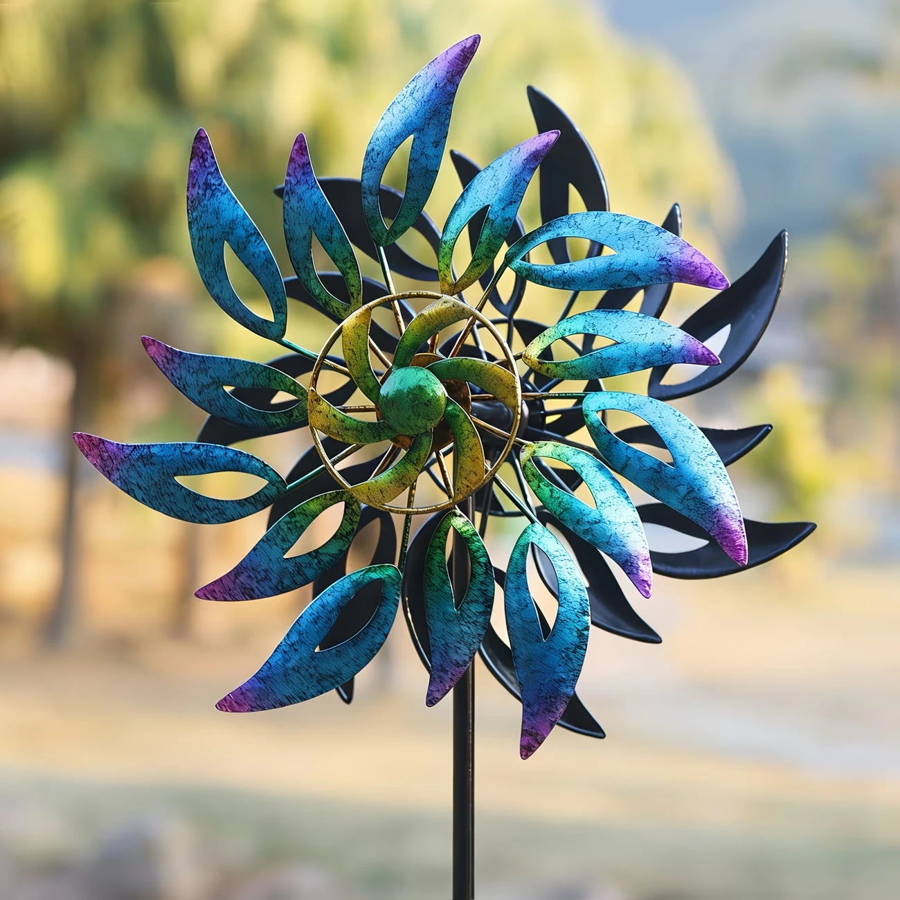 Blue-to-Purple Gradient Cutout Leaf Double-Layer Windmill， Rotating Garden Stake Ornament for Outdoor Gardens and Yards, Gift