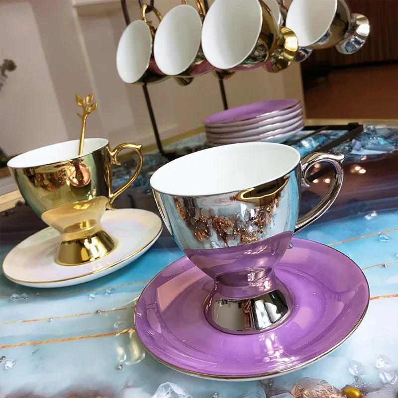 Ceramics Coffee Cup Afternoon Tea Golden Silver Teacup Vintage Coffee Cup Dish Spoon Set Classic Drinkware Nordic Porcelain Mug