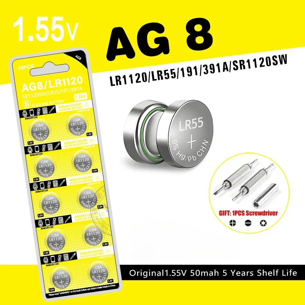 

1.55V AG8 LR1120 Alkaline Button Battery 50mAh Coin Cell for Watch Calculators LED Light Leak-Proof Design 191 LR55 391 SR1120SW