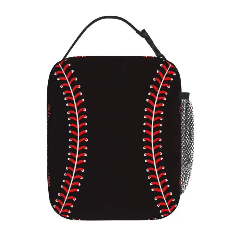 Red Baseball Stitches Lunch Bag Women Men Reusable Oxford Bento Tote Bag Portable Thermal Lunch Box for School Picnic Travel