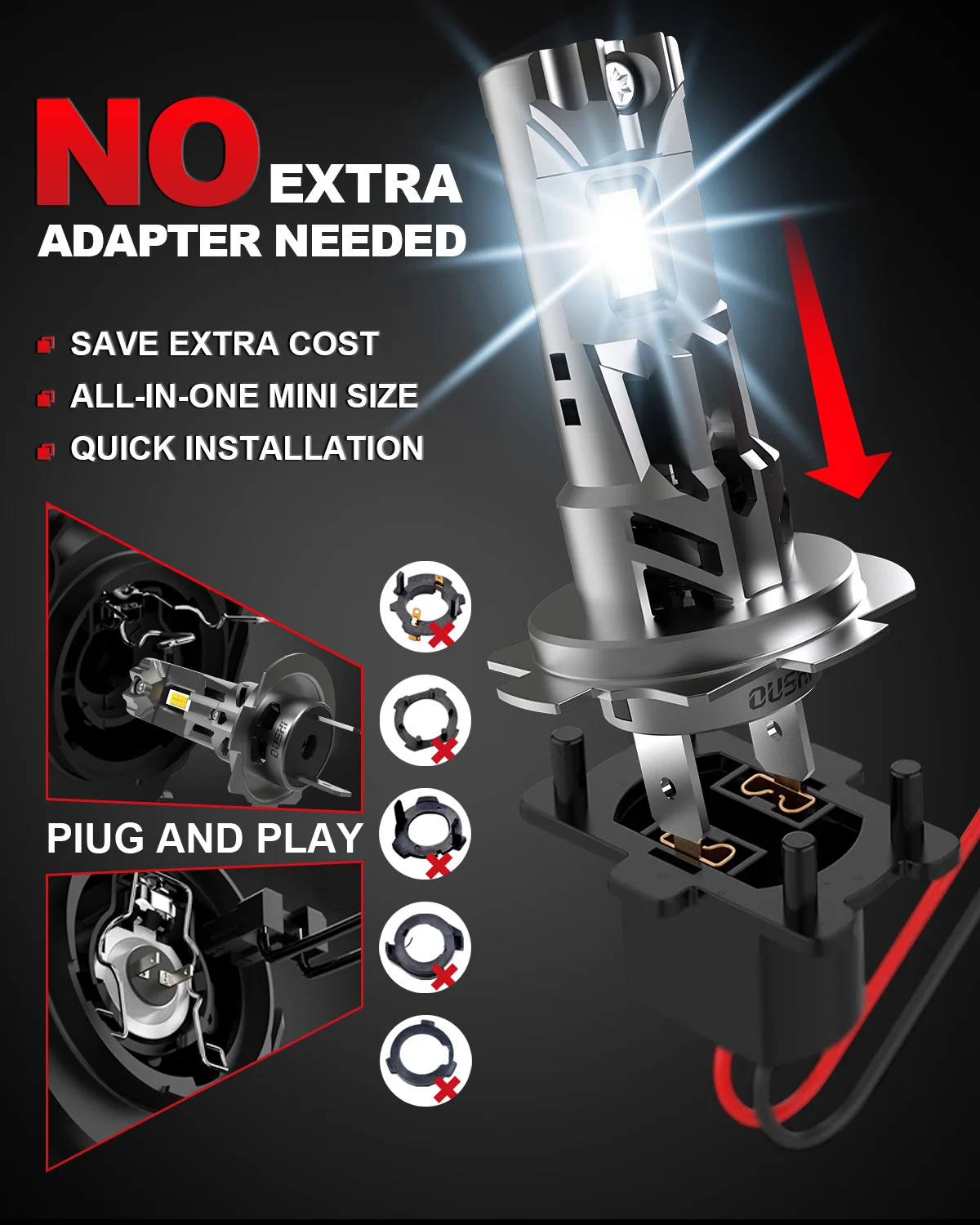 

OUSHI 2x High Power New H7 Led Car Headlight H18 Car Bulb 6000K White Light DRL with Fan 12v 55w For Fiat 500 2007~2024 Fog Led