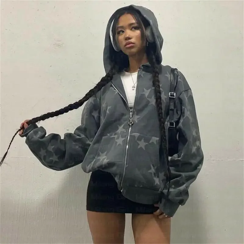 

Combhasaki Women's Y2K Long Sleeve Loose Hooded Jacket Oversized Style Star Graphic Coats Vintage Streetwear Zipper Down Clothes