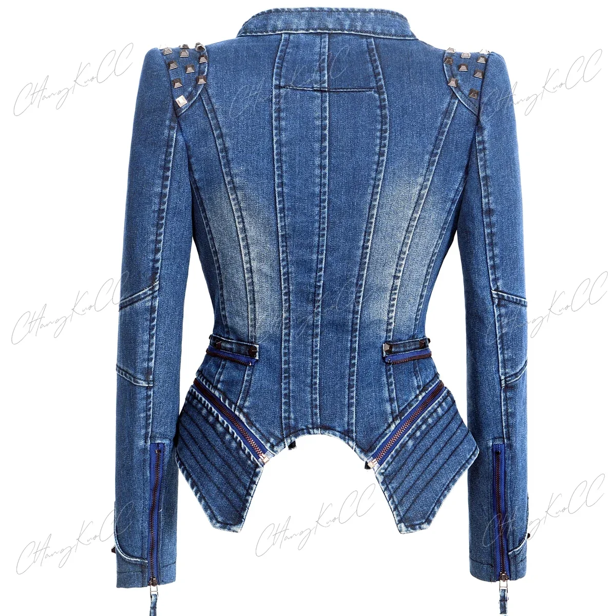 Casaco punk rebite curto denim para mulheres, casaco fino, manga comprida, tachas vintage casuais, vestuário de motocicleta, tamanho grande