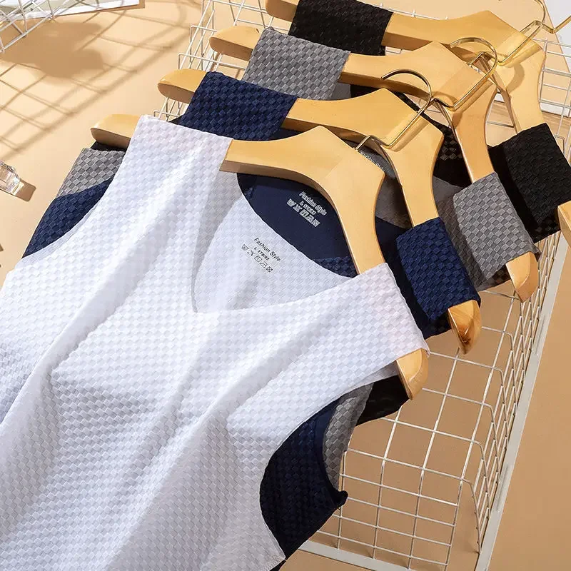 Men's Ice Silk T-shirt Vest Casual Summer Hollow Out Thin Style Cooling Sweat Absorbent Quick Drying Vest  Gym Clothing Men