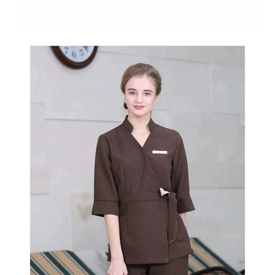 Thai Massage Spa Uniforms Women Spring Autumn Linen Cotton Beauty Salon Beautician Technician Workwear Set Tops Pants