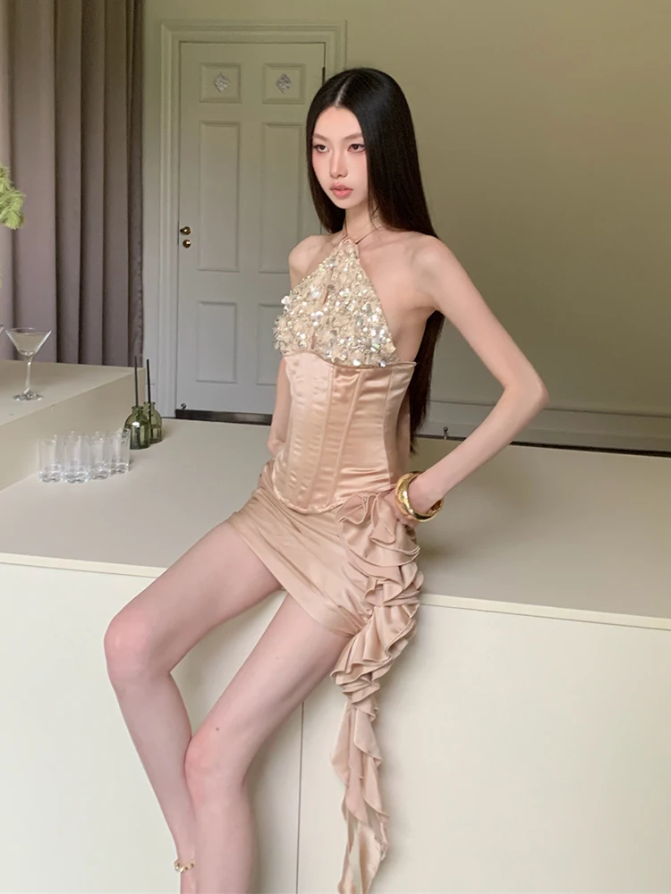 ReddaChic Sequin Corset Mini Skirt Matching Set Women Vintage Ruffle Fringe Mini Skirt Glitter Satin Halter Top Hotties Clothes