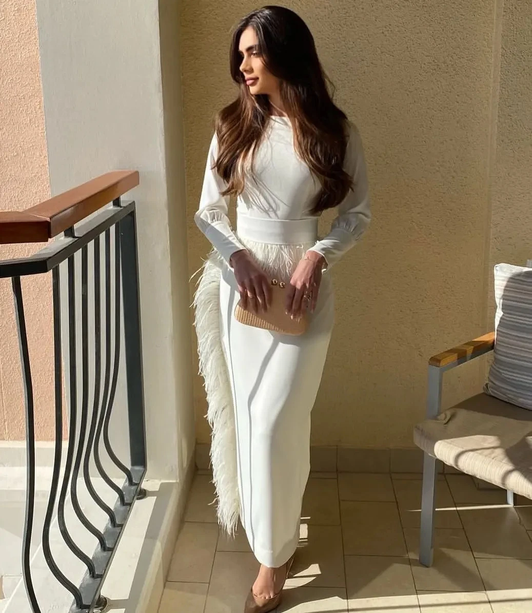 Flora Dress Beige Satin Party Evening Dress Elegant O-Neck Mermaid Feathers Celebrity Long Sleeves Robes De Cocktail Prom Gowns