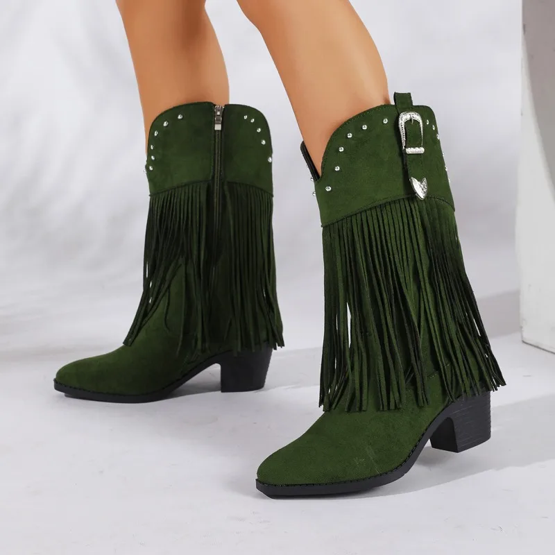 Women Tall Western Cowboy Boots 6.5cm Block Heel Pointed Toe Long Tassel Rivet Buckle Retro Cowgirl Festival Boots