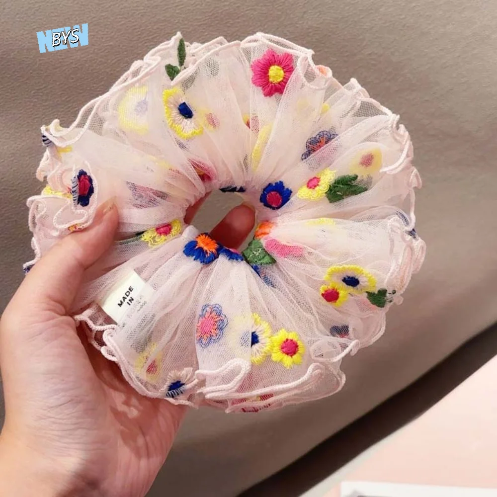 

Large Intestine Circle Embroidered Mesh Scrunchie Elastic Quirky Style Flower Lace Hair Ring Korean Style Sweet Bun Rubber Bands