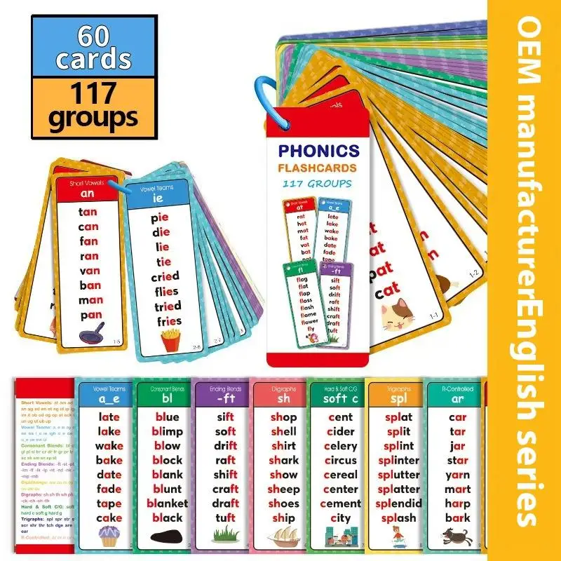 

60 Sheets Teacher Teaching Aids Montessori Phonics Word Lists Cards English Vocabulary Building Learning Flashcards