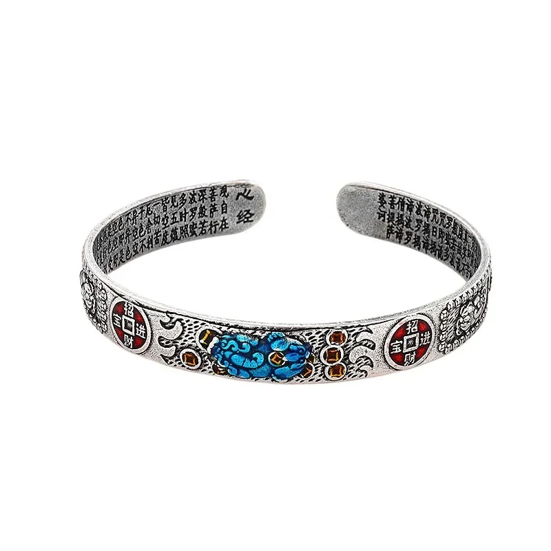 925 Thai Silver Classic Colorful Enamel Pixiu Men Bracelet Simple Charms Chinese Style Vintage Bangles for Women Banquet Jewelry