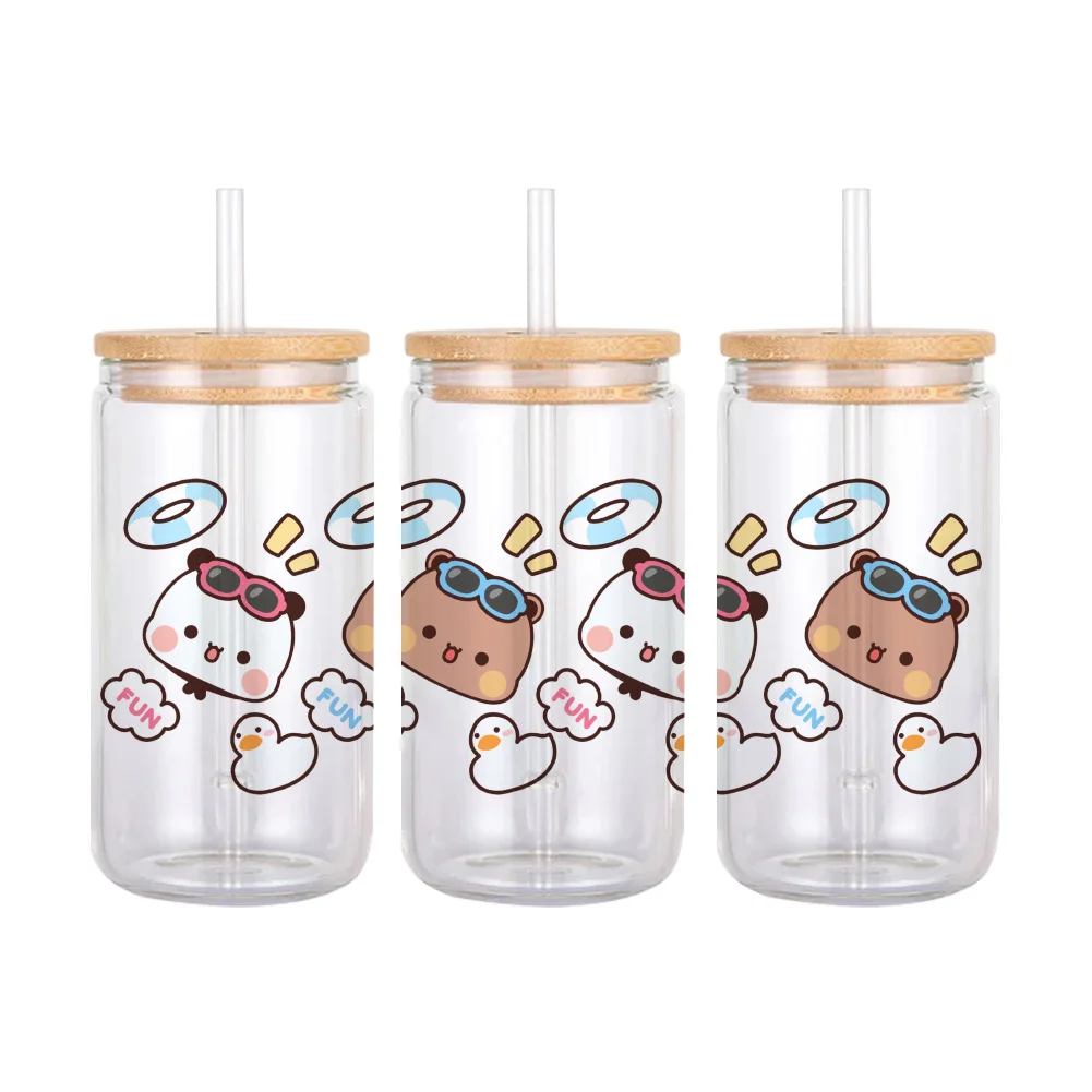 11x24cm Cartoon Bears For Libbey 16oz Can Glass 3D Waterproof UV DTF Coffee Can Wrap Libbey Glass Wrap