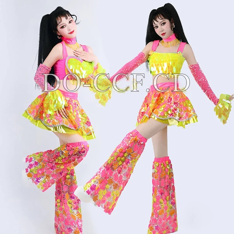 New Gogo Dance Costumea Sequin Crop Top Pink Yellow Performance Suit Nightclub Party Show Outfit Glitter Festival Rave Wear  607