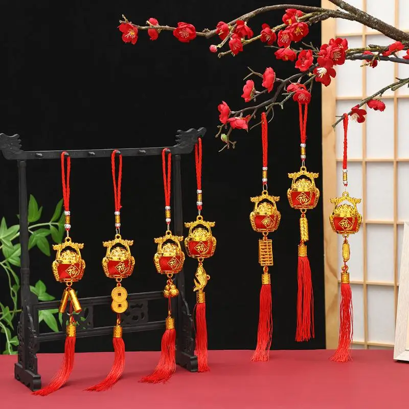 1Pcs Spring Festival Hanging Ornaments With Red Tassels Golden Lucky Charms For New Year Home Car Decoration