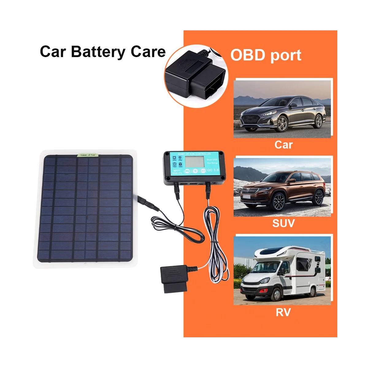 20W Solar Panel 12V 10A Battery Controller Car Charger Outdoor Battery Supply for Vehicle Battery with OBD Plug