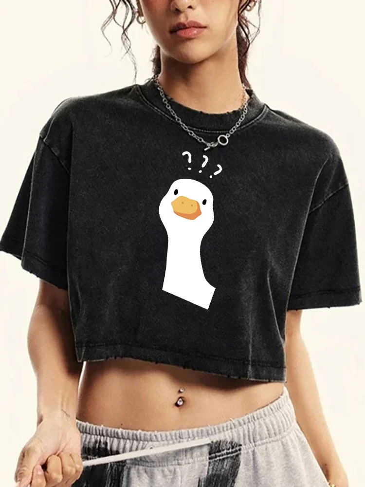 Cartoon Duck Print With Question Mark Printing Women Washed Short T Shirt Summer Breathable Street Fashion Casual Distress Top