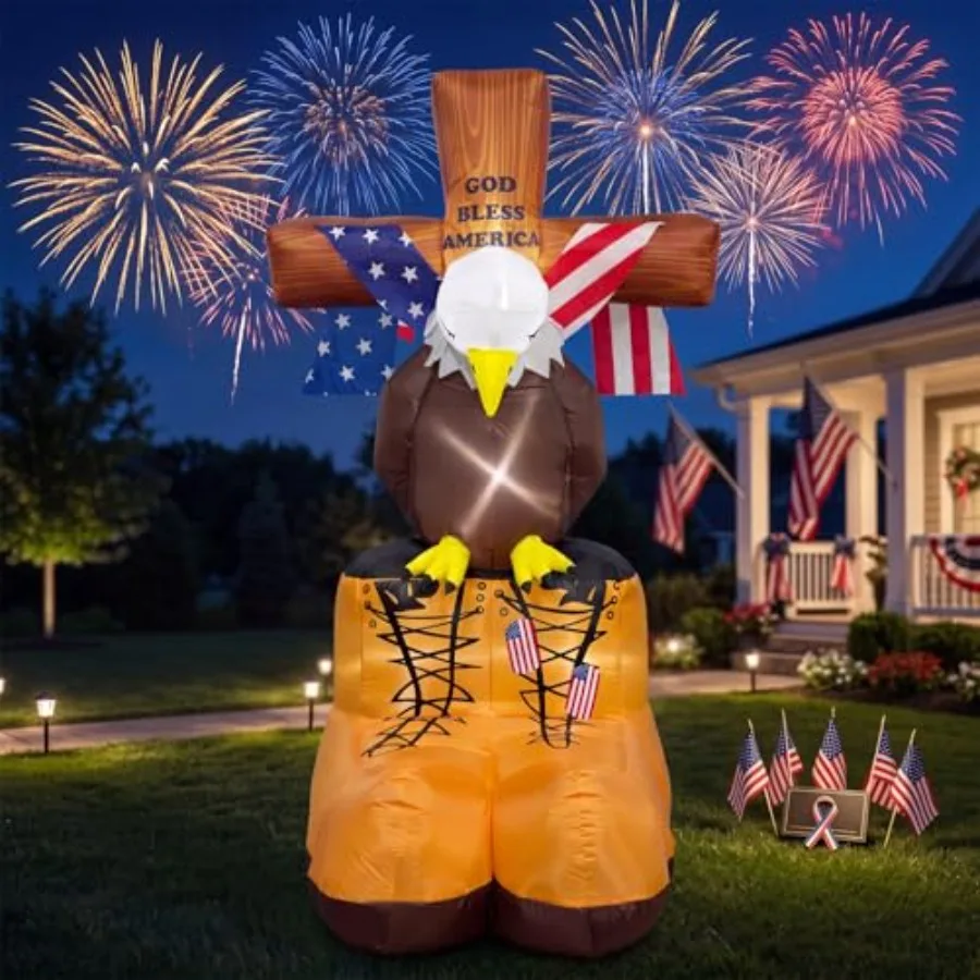 

Outdoor Memorial Day inflatable eagle with boots and flag cross, PVC material, red-white-blue color, LED lighted for night visi