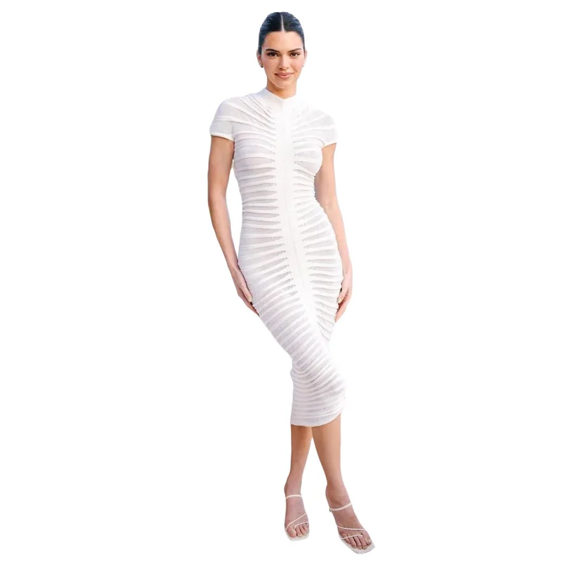 

APIPEE Knit Women Shorts Sleeve Dress Elegant Striped See Through Solid Skinny Elastic o-Neck Bodycon Vestidos Streetwear