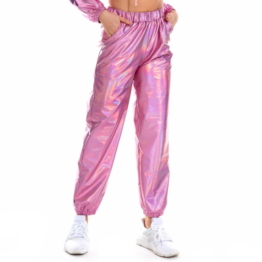 

Hip-Hop Pants Metallic High Waist Elastic Waistband Long Leisure Trousers for Sports Party Club Disco Pants Women Costume