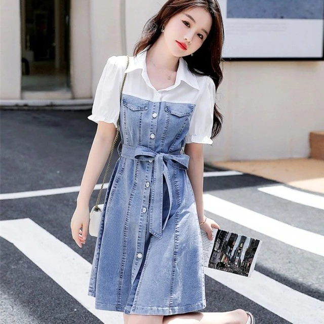 Patchwork Denim Dress Women Elegant Short Sleeve Turn Down Collar Office Lady Dresses Female Summer Jeans Dress With Belt Dresses AliExpress