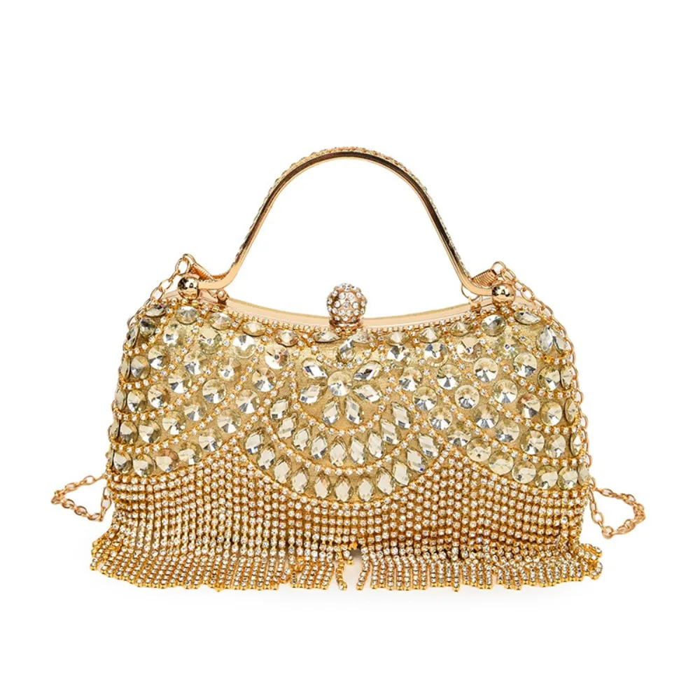 

Metal Top Handle Tassel Evening Banquet Bag Glitter Rhinestone Box Handbag Crossbody Bag Wrist Bag Ladies Clutch Bag Women