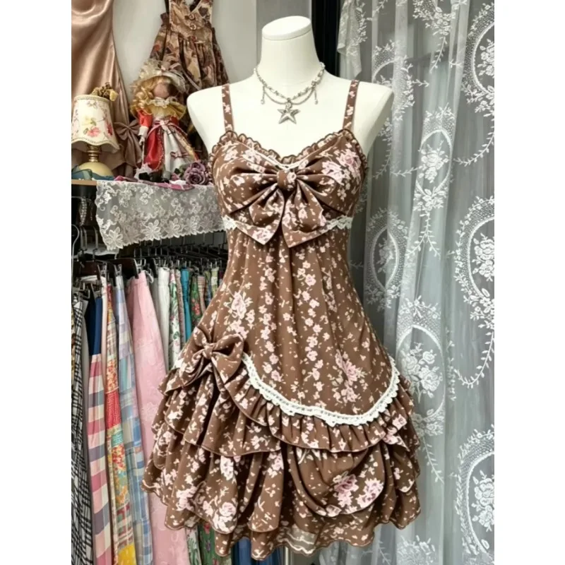 Japanischer Stil Süßes Spitzenkleid mit Schleife Kawaii Lolita Kleid Damen Vintage Rüschen-Tüllkleid Harajuku Y2k Schlankes Bandage-Kleid 2026 Sommer