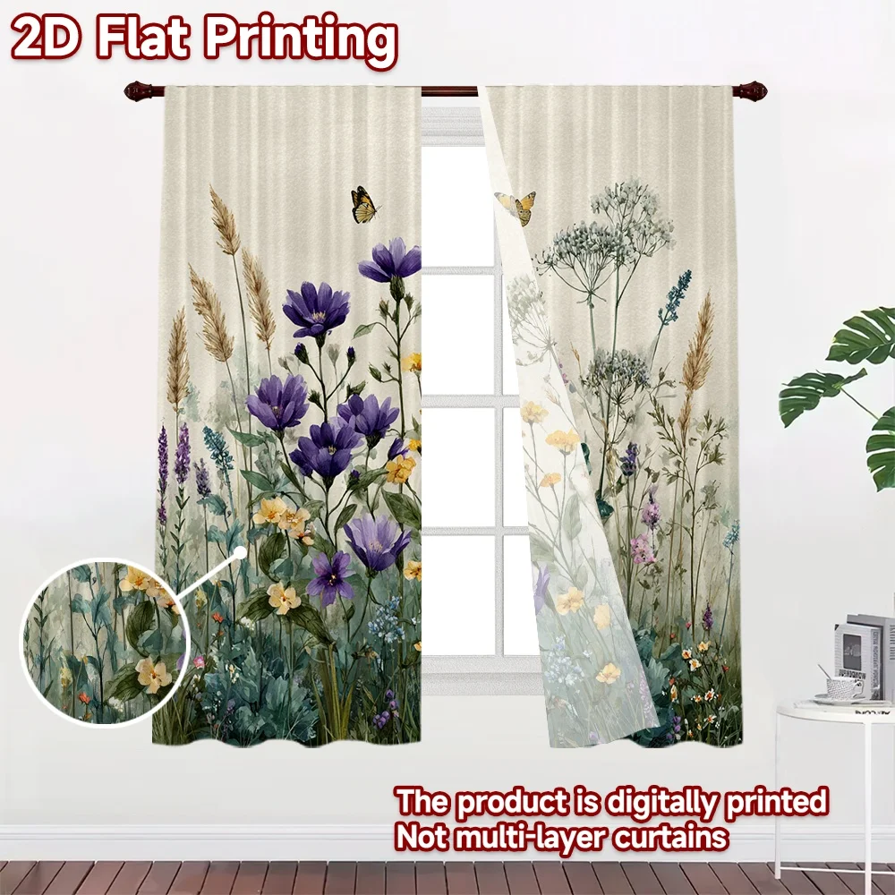 2D FLAT PRINTING 2pcs Curtains (Without Rod) Spring Butterfly Garden(1) Chic Curtain Cloth Polyester Easy Install Curtains