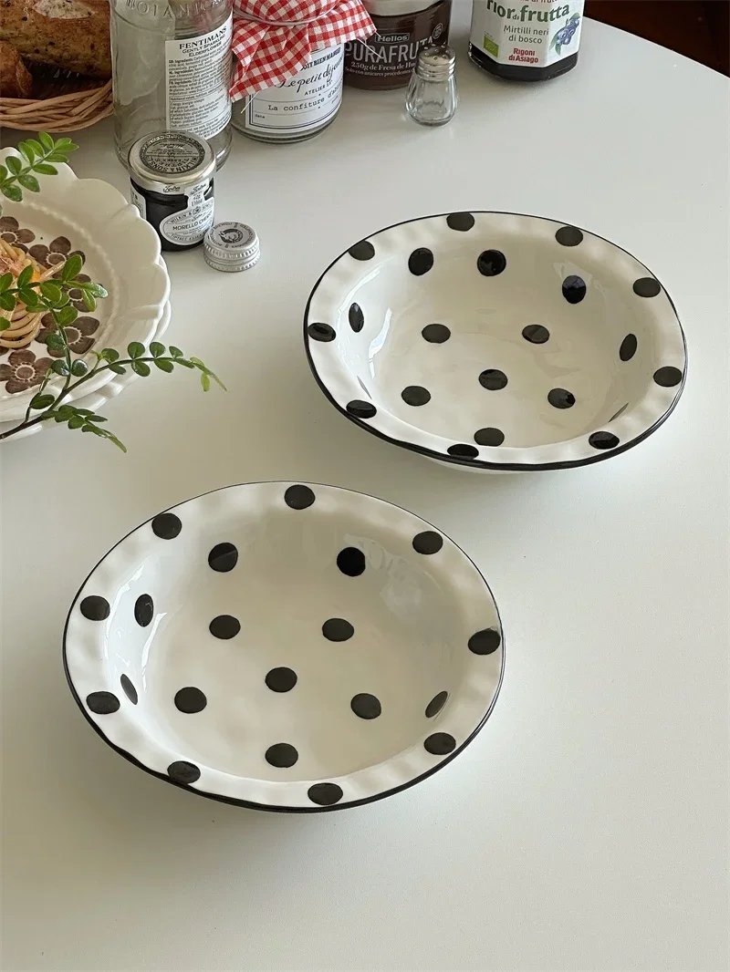 Classic Black Polka Dot Irregular Handmade Style Ceramic Deep Dish Pasta Italian Dinner Plate French Style Universal Bowl