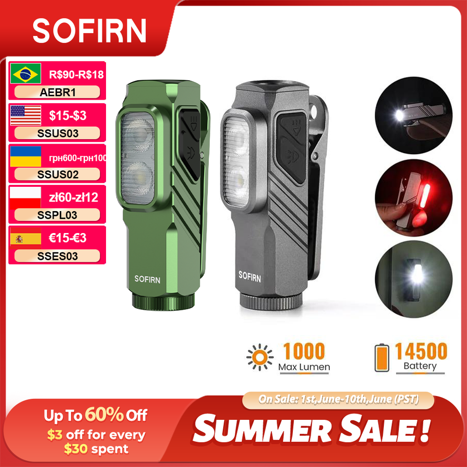  SOFIRN ST10 EDC Flashlight 1000LM USB-C Rechargeable 14500 Battery Waterproof Red Light Magnetic Tail Clip for Camping Hiking 